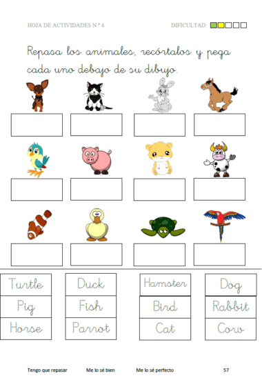 El libro de vocabulario inglés (Libro de vocabulario inglés, 5-7 años) incluye hojas de actividades con dibujos de doce animales y etiquetas de palabras en inglés para unir y pegar: ideal para aprender los nombres de los animales y practicar vocabulario.