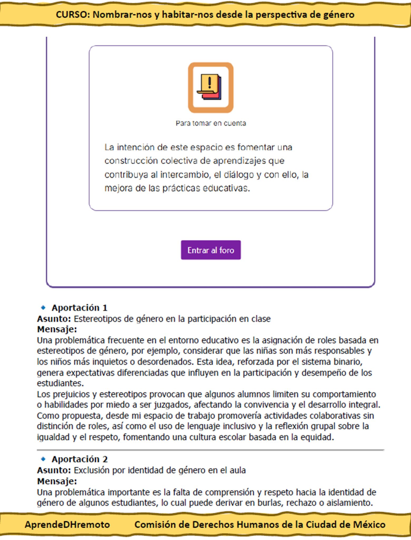 Curso Contestado Nombrar-nos y habitar-nos desde la perspectiva de género 5 Captura de pantalla de una página web titulada "CURSO: Nombrar-nos y habitar-nos desde la perspectiva de género". Presenta una sección de foro con mensajes que debaten los estereotipos de género y la importancia de la identidad de género.