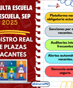 Infografía sobre el registro real de plazas vacantes en escuelas SEP 2025, con lista de acciones como auditorías y sanciones, e ilustración de videollamada de personas en la parte inferior.