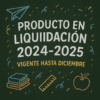 Gráfico estilo tiza con texto: "Producto en liquidación 2024-2025. Vigente hasta diciembre". Alrededor del texto hay dibujos de un avión de papel, libros, una regla, una manzana y confeti sobre un fondo verde oscuro.