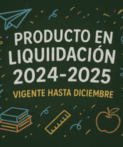 Gráfico estilo tiza con texto: "Producto en liquidación 2024-2025. Vigente hasta diciembre". Alrededor del texto hay dibujos de un avión de papel, libros, una regla, una manzana y confeti sobre un fondo verde oscuro.