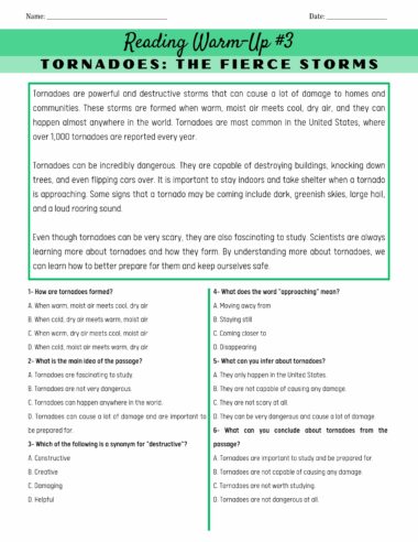 Una hoja de trabajo educativa titulada "Preparación de lectura n.° 3: Tornados: las tormentas feroces" presenta un pasaje sobre los tornados y sus impactos. Debajo del pasaje, hay preguntas de opción múltiple que evalúan las habilidades de comprensión y vocabulario. Esta es una de las interesantes actividades de 100 Lecturas de Comprensión Lectora en Inglés.