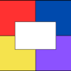 Juego de cartas sobre mutaciones cromosómicas estructurales 4 Un diagrama rectangular dividido en cuatro secciones de colores iguales: rojo (arriba a la izquierda), azul (arriba a la derecha), amarillo (abajo a la izquierda) y morado (abajo a la derecha), con un rectángulo blanco centrado sobre la intersección.