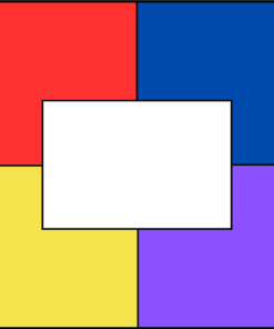 Un diagrama rectangular dividido en cuatro secciones de colores iguales: rojo (arriba a la izquierda), azul (arriba a la derecha), amarillo (abajo a la izquierda) y morado (abajo a la derecha), con un rectángulo blanco centrado sobre la intersección.