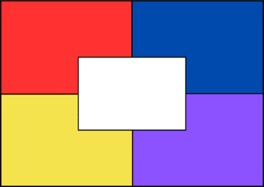 Un diagrama rectangular dividido en cuatro secciones de colores iguales: rojo (arriba a la izquierda), azul (arriba a la derecha), amarillo (abajo a la izquierda) y morado (abajo a la derecha), con un rectángulo blanco centrado sobre la intersección.