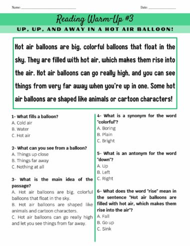 Una hoja de trabajo de comprensión lectora titulada "100 Lecturas de Comprensión Lectora en Inglés" presenta un pasaje sobre globos aerostáticos. Debajo del pasaje, hay cinco preguntas de opción múltiple relacionadas con el texto. Esto es parte de la serie 100 Lecturas de Comprensión Lectora en Inglés.