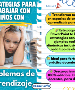 Una niña triste con la cabeza apoyada en las manos está sentada en un pupitre. El texto ofrece estrategias de enseñanza para niños con problemas de aprendizaje, fomento de la empatía, ideas prácticas y recursos descargables inmediatos para los profesores.