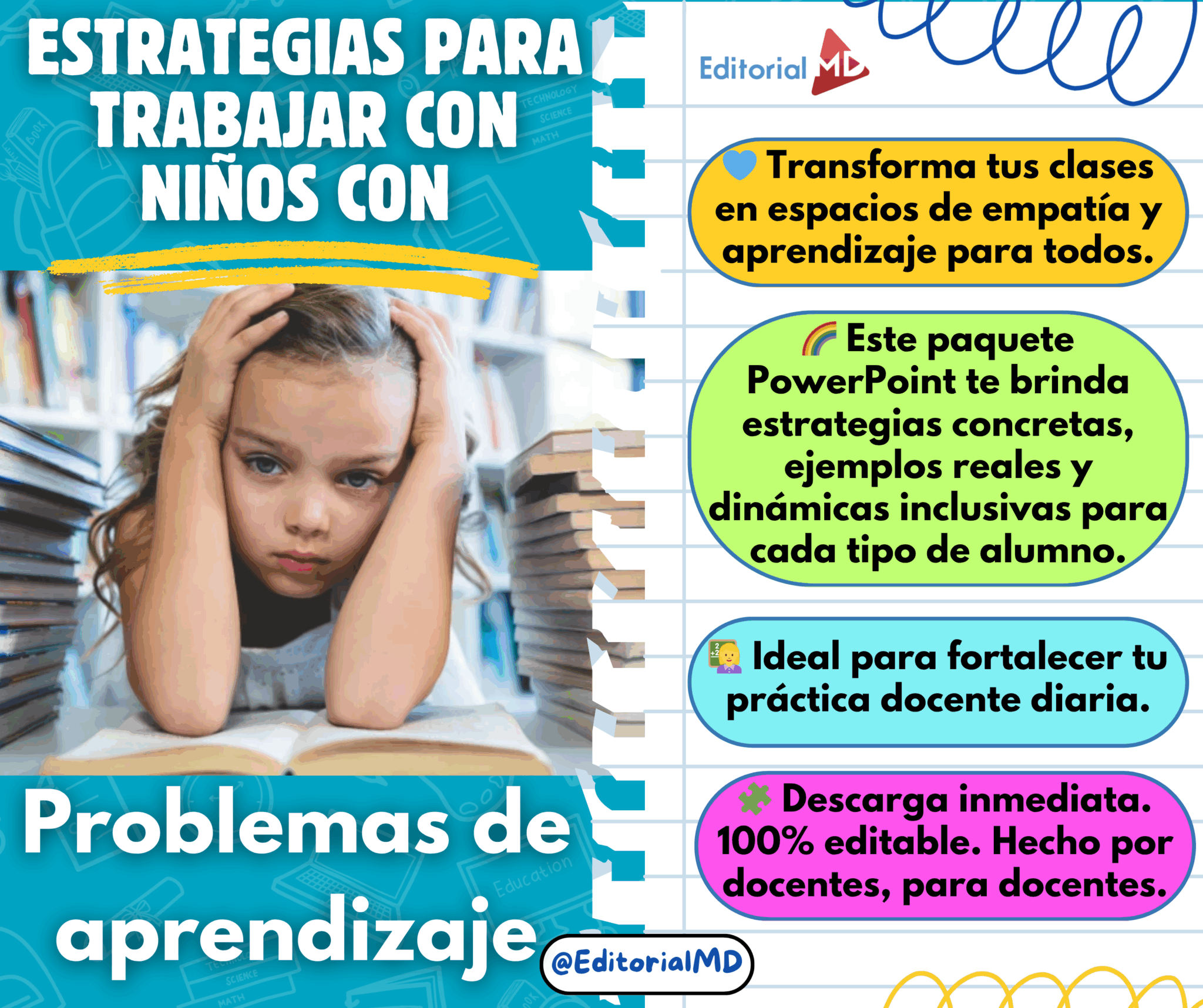 Paquete “Estrategias para trabajar con niños con problemas de aprendizaje” PowerPoint Editable: 1 Una niña triste con la cabeza apoyada en las manos está sentada en un pupitre. El texto ofrece estrategias de enseñanza para niños con problemas de aprendizaje, fomento de la empatía, ideas prácticas y recursos descargables inmediatos para los profesores.