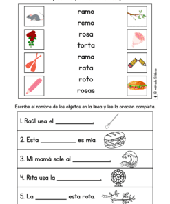 Una hoja de ejercicios en español para niños pequeños con dos actividades: emparejar palabras con imágenes (rosa, pastel, palitos, rama, rata, huevo roto, paleta, jabón, hamburguesa) y escribir nombres de objetos en oraciones con imágenes.