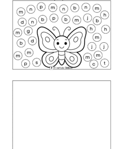 Hoja de trabajo en blanco y negro con una mariposa y muchos círculos con letras a su alrededor. La instrucción en español dice que hay que colorear las burbujas con la letra 
