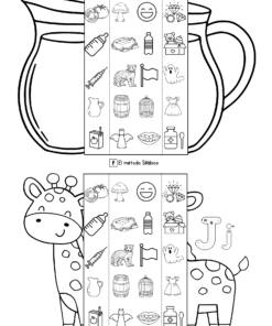 Hoja de trabajo en blanco y negro con una jarra grande y una jirafa, cada una con columnas verticales de imágenes pequeñas: jeringuilla, gato, barril, jaula de pájaros, fantasma, taza, diamante, cepillo de dientes y otras para emparejar o realizar actividades de aprendizaje.