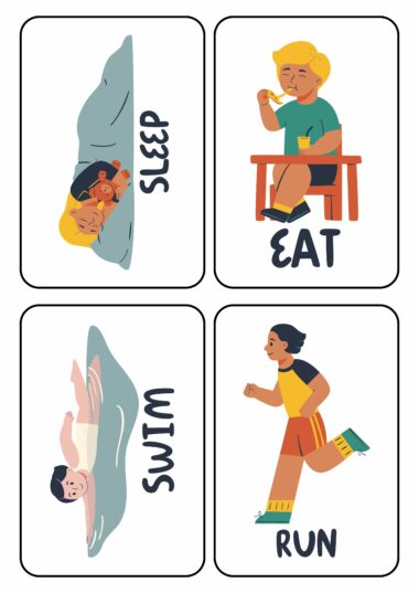 Cuatro tarjetas ilustradas del conjunto "52 Action Verbs Flashcards" representan escenas vibrantes: en la esquina superior izquierda, se muestra a un niño con la etiqueta "SLEEP" descansando pacíficamente con un osito de peluche. La tarjeta superior derecha muestra a alguien disfrutando de una comida en la mesa marcada "EAT". La ilustración inferior izquierda captura una natación enérgica bajo la etiqueta "SWIM", mientras que la inferior derecha muestra a alguien corriendo alegremente, etiquetada como "RUN".