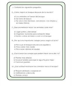 Ficha en español con preguntas de opción múltiple sobre la colaboración entre los animales para un bosque sano. Cada pregunta ofrece tres opciones de respuesta (a, b y c) y se encuentra dentro de un recuadro con borde verde.