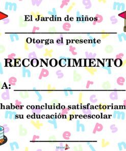 Colorido diploma preescolar en español con ilustraciones de dos niños con toga y birrete de graduación, libros y material escolar. El diploma reconoce la finalización de la educación preescolar.
