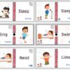 Seis flashcards ilustradas muestran a niños realizando acciones: cocinar (etiquetado Sleep/Dormir), cantar (Sing/Cantar), dormir (Sleep/Dormir), nadar (Swim/Nadar), leer en la cama (Read/Leer) y escuchar (Listen/Escuchar).