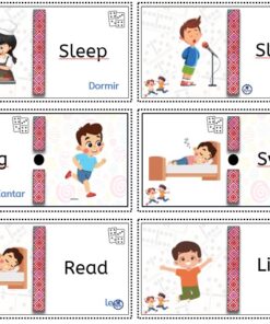 Seis flashcards ilustradas muestran a niños realizando acciones: cocinar (etiquetado Sleep/Dormir), cantar (Sing/Cantar), dormir (Sleep/Dormir), nadar (Swim/Nadar), leer en la cama (Read/Leer) y escuchar (Listen/Escuchar).