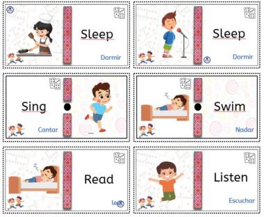 Seis flashcards ilustradas muestran a niños realizando acciones: cocinar (etiquetado Sleep/Dormir), cantar (Sing/Cantar), dormir (Sleep/Dormir), nadar (Swim/Nadar), leer en la cama (Read/Leer) y escuchar (Listen/Escuchar).