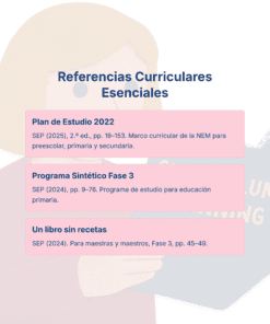 Guía de Estudio HORAS ADICIONALES EDUCACIÓN FÍSICA Primaria y Secundaria- USICAMM 2026 - 2027 + (Simulador 90 Reactivos) 21 Ilustración de una persona que sostiene un libro abierto, con tres cuadros de texto de color rosa que enumeran referencias curriculares esenciales para la educación, incluidos planes de estudio y guías didácticas, sobre un fondo claro.