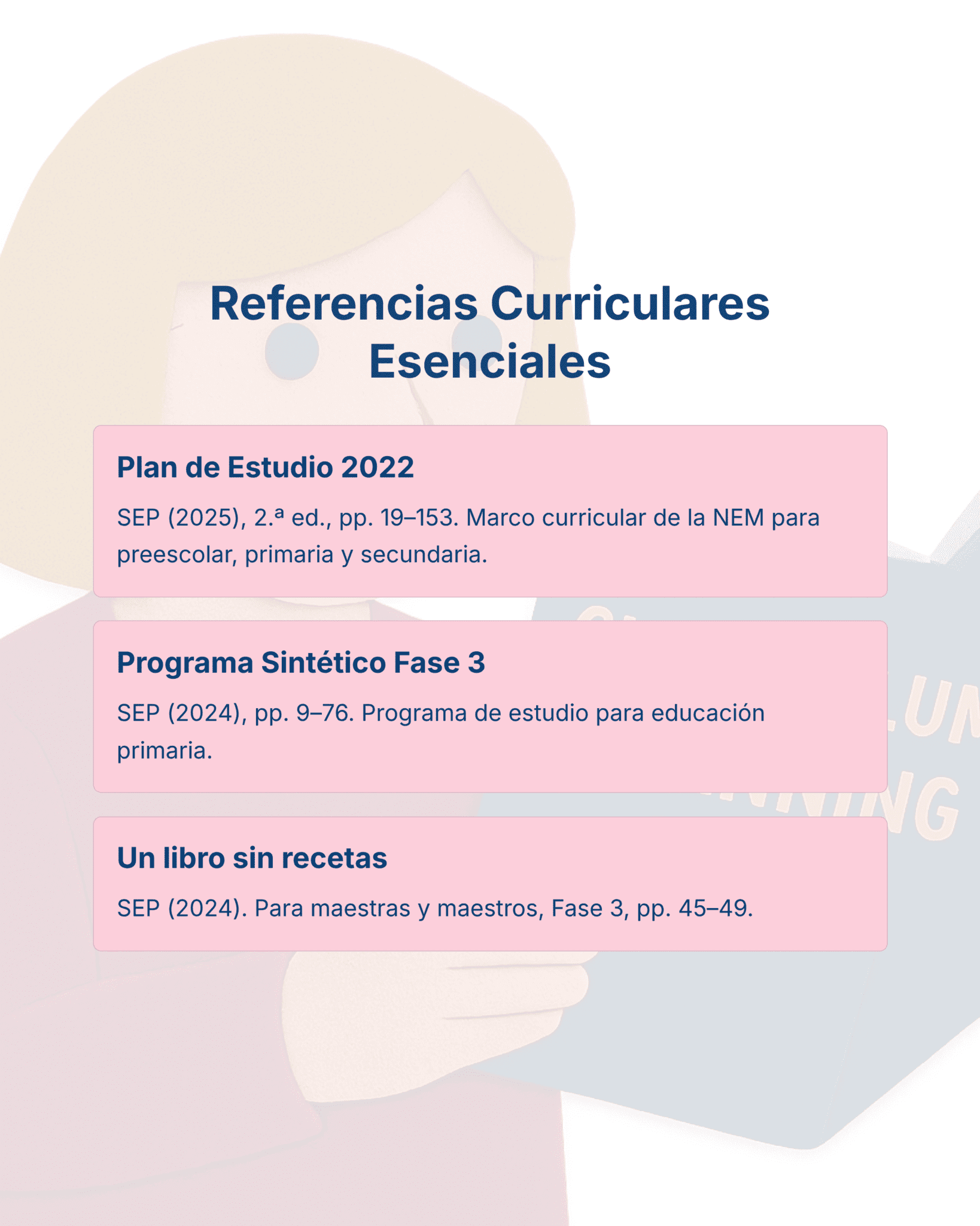 Guía de Estudio HORAS ADICIONALES EDUCACIÓN FÍSICA Primaria y Secundaria- USICAMM 2026 - 2027 + (Simulador 90 Reactivos) 2 Ilustración de una persona que sostiene un libro abierto, con tres cuadros de texto de color rosa que enumeran referencias curriculares esenciales para la educación, incluidos planes de estudio y guías didácticas, sobre un fondo claro.