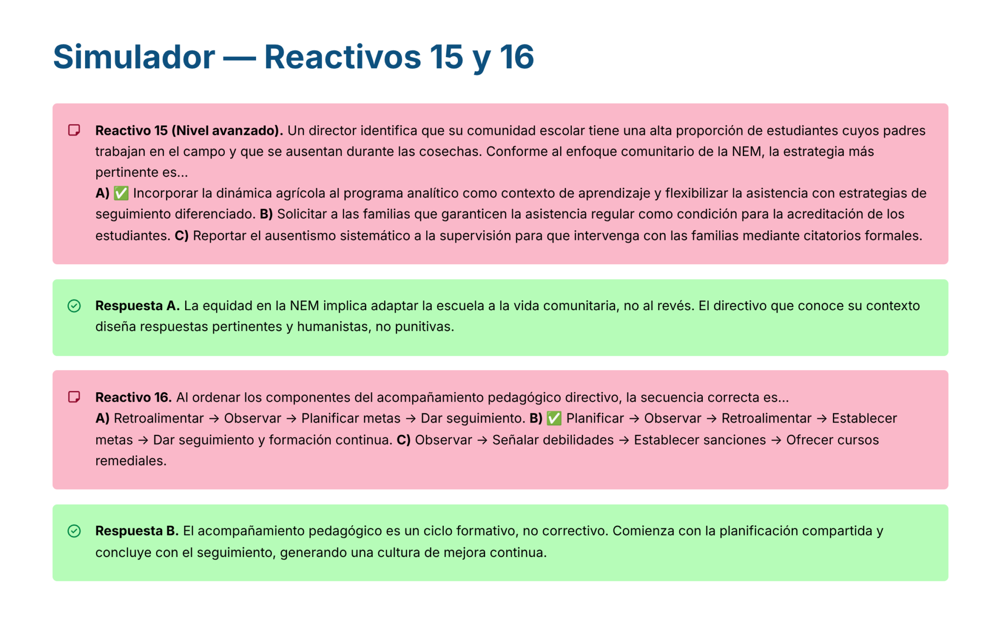 Guía de Estudio PROMOCIÓN HORIZONTAL Educación SECUNDARIA – USICAMM 2026 – 2027 + (Simulador 90 Reactivos) 17 Captura de pantalla de un simulador de "Reactivos 15 y 16" con preguntas y respuestas sobre escenarios educativos. Las secciones están codificadas en color rosa para las preguntas y verde para las respuestas, con texto en español que explica cada escenario y respuesta.