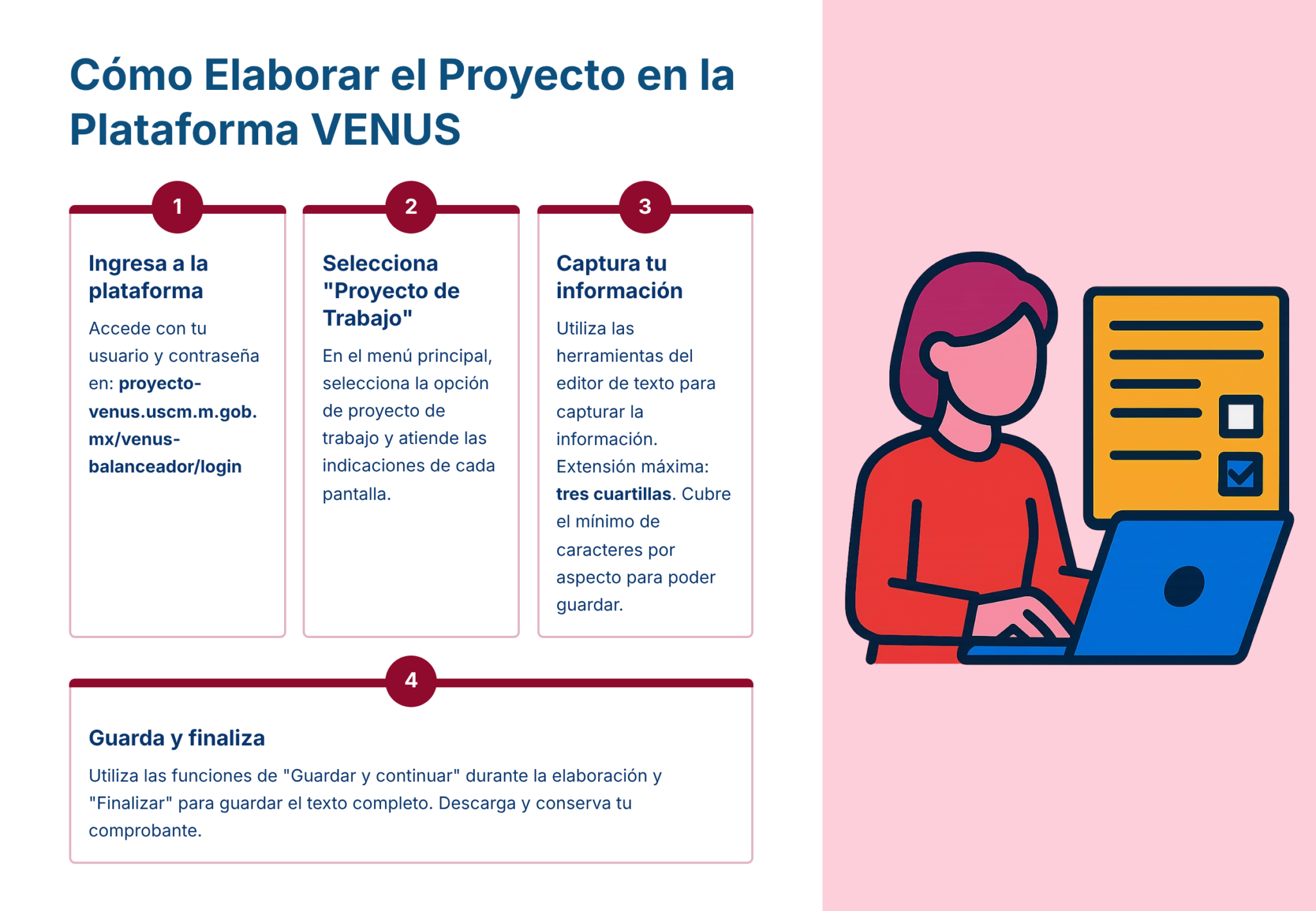 Paquete Promoción a SUPERVISOR ESCOLAR – Educación Media Superior (Carta de Exposición de Motivos + Plan de Mejora Continua + Guía EMS) EMS BACHILLERATO 2026–2027 6 Infografía con los pasos para completar un proyecto en la plataforma VENUS: 1. 1. Inicie sesión. 2. Selecciona "Proyecto de trabajo". 3. Introduzca la información. 4. Guardar y finalizar. A la derecha, hay una ilustración de una persona utilizando un ordenador portátil.