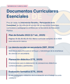 Lista de documentos curriculares clave para la educación secundaria, en la que se detallan los planes de estudio, la enseñanza de las ciencias, la planificación didáctica y la evaluación formativa, recomendados por la Secretaría de Educación Pública de México para 2025.
