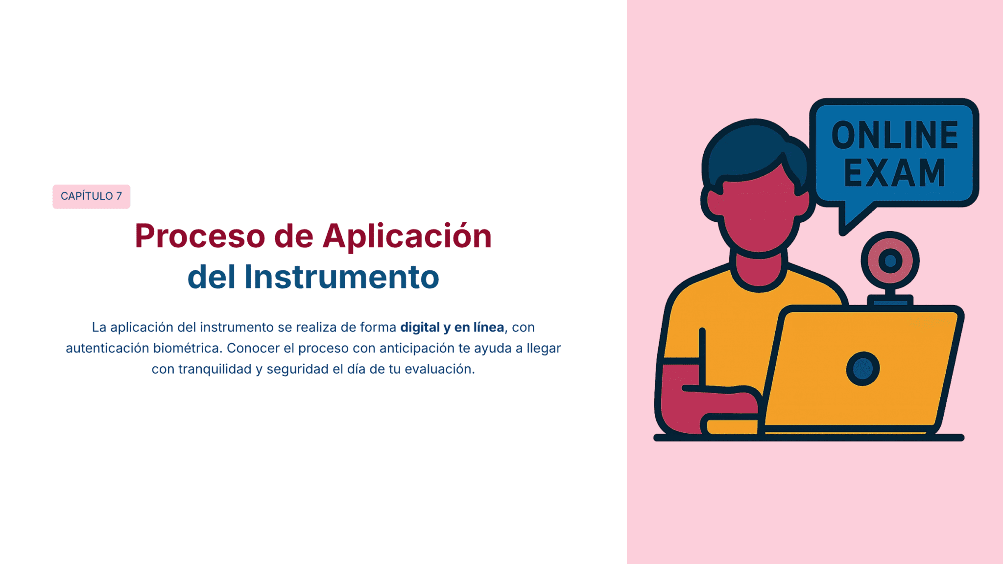Guía de Estudio HORAS ADICIONALES INGLÉS Educación Secundaria- USICAMM 2026 – 2027 + (Simulador 90 Reactivos) 11 Ilustración de una persona sentada ante un ordenador portátil con una cámara web y un globo de diálogo que dice "EXAMEN ONLINE". Texto en español que explica el proceso digital y en línea para la solicitud de instrumentos con autenticación biométrica.