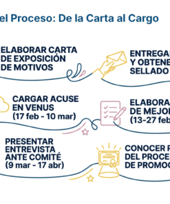 Resumen visual del proceso de promoción: redactar carta de motivos, entregar carta y obtener acuse, cargar acuse en Venus, elaborar plan de mejora, entrevista ante comité y conocer resultados.