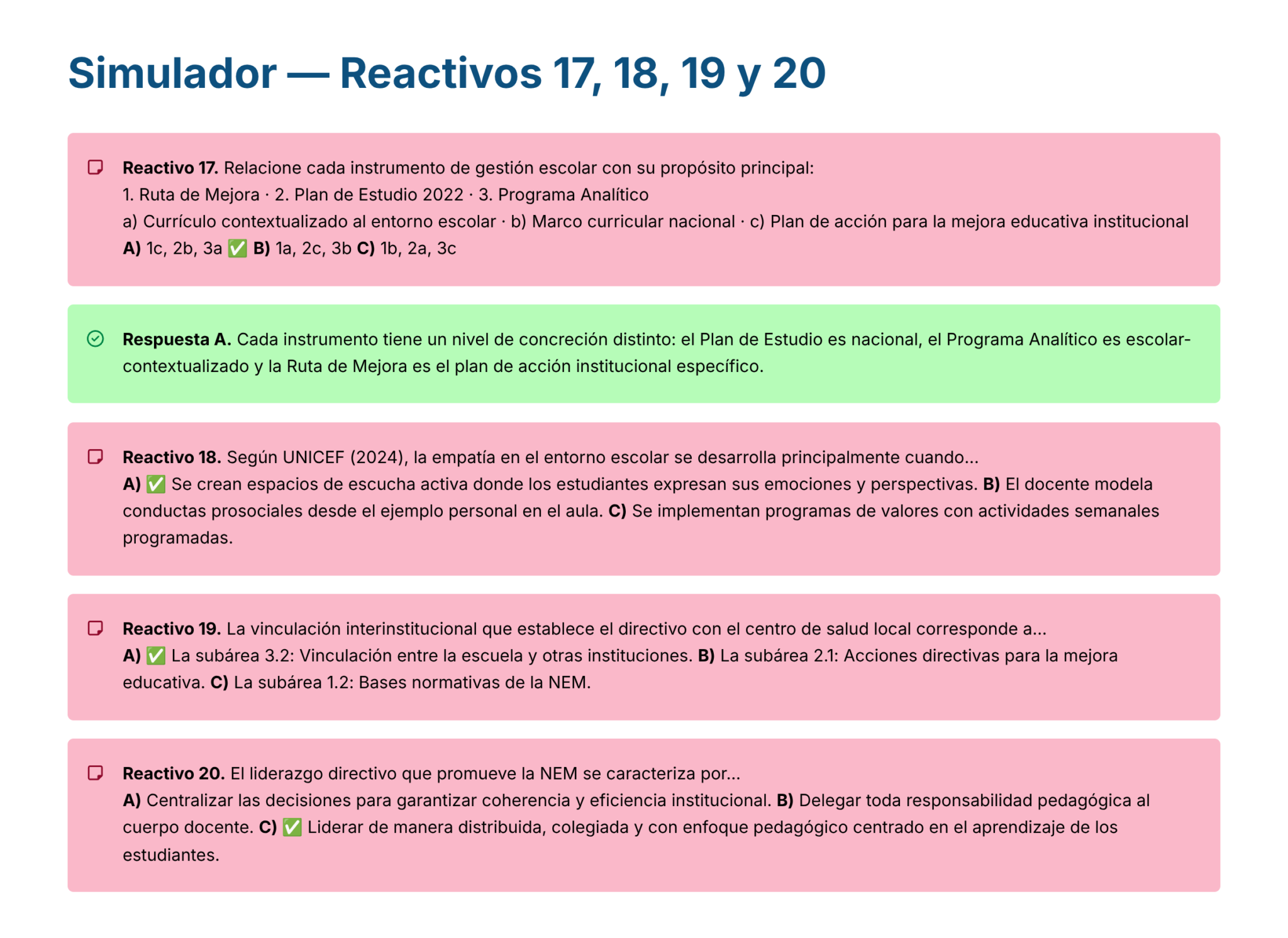 Guía de Estudio PROMOCIÓN HORIZONTAL Educación SECUNDARIA – USICAMM 2026 – 2027 + (Simulador 90 Reactivos) 16 Un cuadro titulado "Simulador-Reactivos 17, 18, 19 y 20" muestra cuatro preguntas y respuestas sobre gestión educativa, cada una en un recuadro de color con iconos que marcan las respuestas correctas.