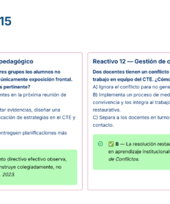 Captura de pantalla de un documento que muestra las preguntas 11-12 sobre pedagogía y gestión de conflictos para profesores, con las respuestas resaltadas en verde. Los encabezados están en azul y las explicaciones de las respuestas incluyen referencias en texto gris más pequeño.
