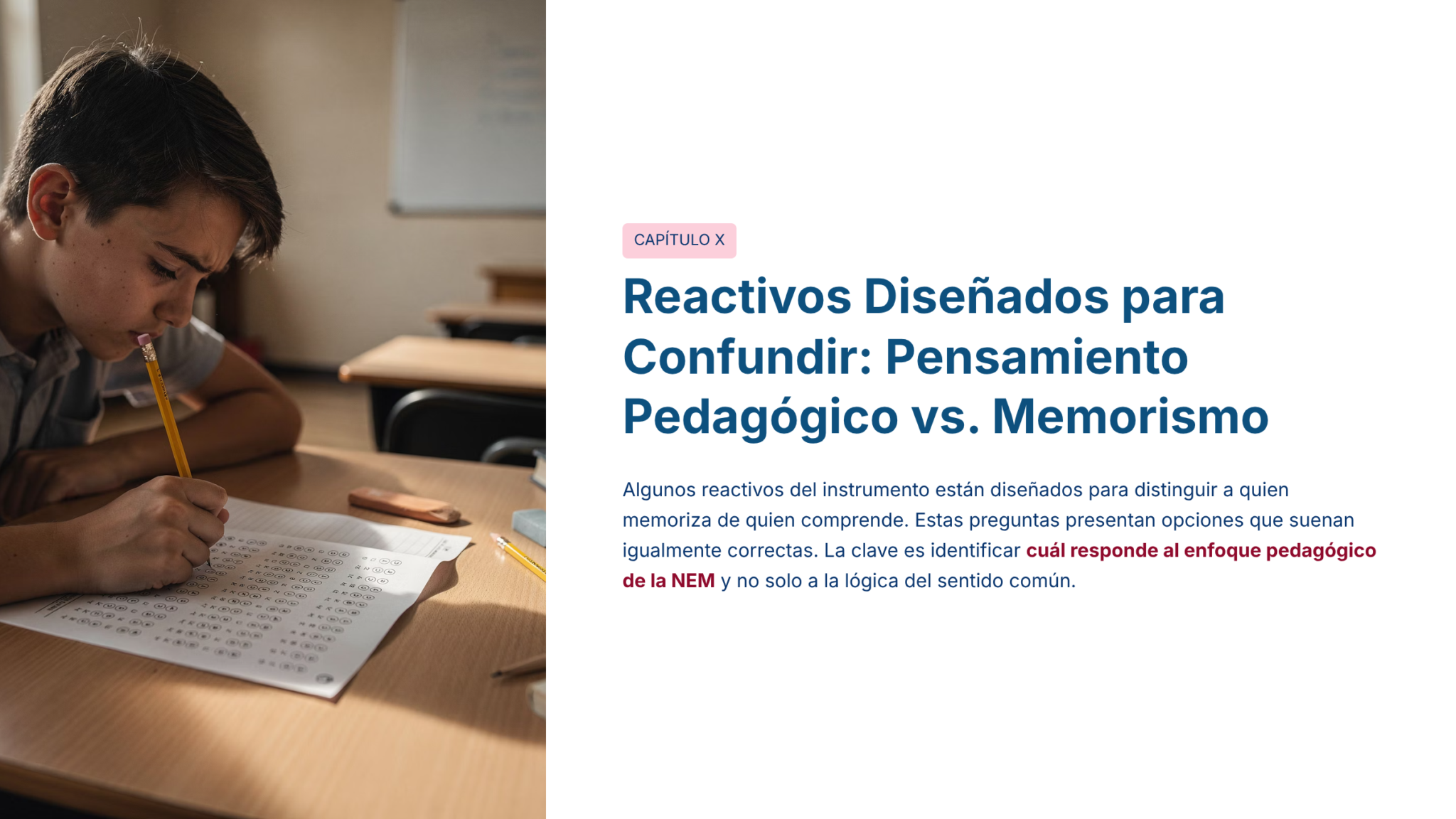Guía de Estudio PROMOCIÓN HORIZONTAL Educación SECUNDARIA – USICAMM 2026 – 2027 + (Simulador 90 Reactivos) 10 Un estudiante sentado en un pupitre, concentrado en una hoja de examen, con un lápiz cerca de la boca. Junto a la imagen, un texto habla del pensamiento pedagógico frente a la memorización en las evaluaciones educativas.