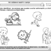 Llegó el frío...¿Y ahora qué hacemos? 20 Hoja de trabajo en blanco y negro que muestra a niños practicando hábitos saludables: lavarse las manos, comer verduras, hacer ejercicio y vacunarse. Un médico examina a un niño. La actividad anima a debatir la importancia de estas acciones.