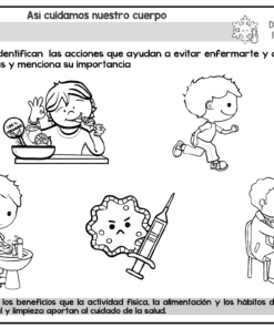 Hoja de trabajo en blanco y negro que muestra a niños practicando hábitos saludables: lavarse las manos, comer verduras, hacer ejercicio y vacunarse. Un médico examina a un niño. La actividad anima a debatir la importancia de estas acciones.