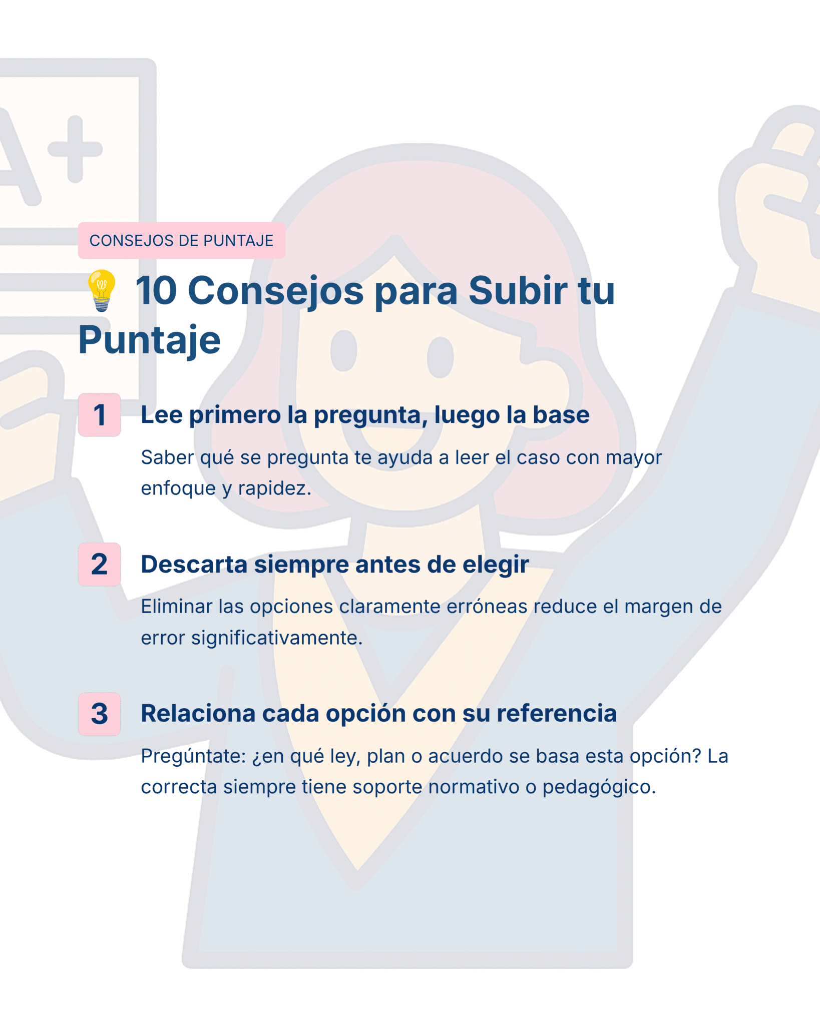 Guía de Estudio HORAS ADICIONALES GEOGRAFÍA Educación Secundaria- USICAMM 2026 - 2027 + (Simulador 90 Reactivos) 10 Un gráfico titulado "10 Consejos para Subir tu Puntaje" muestra consejos para responder preguntas: 1. 1. Lee primero la pregunta, 2. Descarta las respuestas erróneas obvias, 3. Relaciona cada opción con su referencia. Una figura de dibujos animados aparece de fondo.