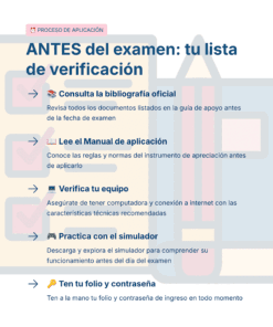 Guía de Estudio Admisión GEOGRAFÍA Educación Secundaria- USICAMM 2026 - 2027 + (Simulador 90 Reactivos) 19 Infografía en español con lista de verificación antes de un examen: consulta bibliografía, lee el manual, verifica equipo, practica con simulador y ten el folio y contraseña, con íconos correspondientes y fondo de útiles escolares.