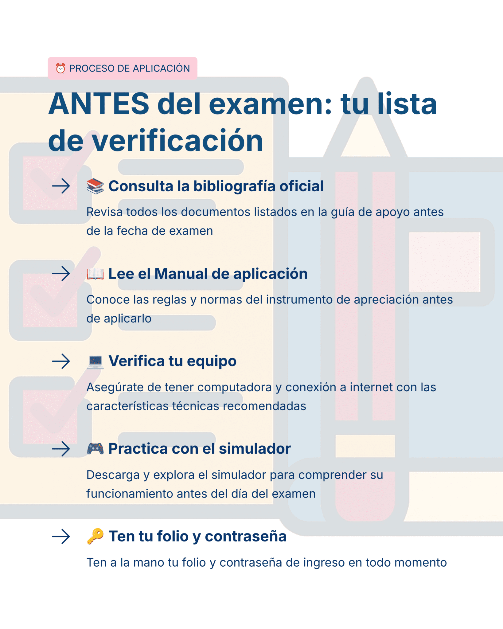 Guía de Estudio Admisión GEOGRAFÍA Educación Secundaria- USICAMM 2026 - 2027 + (Simulador 90 Reactivos) 4 Infografía en español con lista de verificación antes de un examen: consulta bibliografía, lee el manual, verifica equipo, practica con simulador y ten el folio y contraseña, con íconos correspondientes y fondo de útiles escolares.