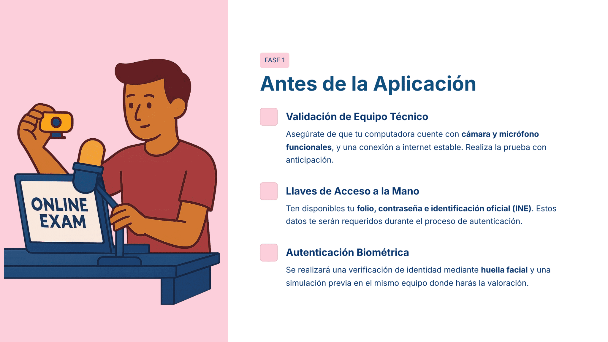 Guía de Estudio HORAS ADICIONALES MATEMÁTICAS Educación Secundaria- USICAMM 2026 - 2027 + (Simulador 90 Reactivos) 12 Ilustración de una persona sentada en un escritorio con un ordenador portátil con la etiqueta "EXAMEN EN LÍNEA", sosteniendo una cámara web. A la derecha, las instrucciones enumeran los requisitos técnicos, las credenciales de acceso y los pasos de autenticación biométrica antes de un examen.
