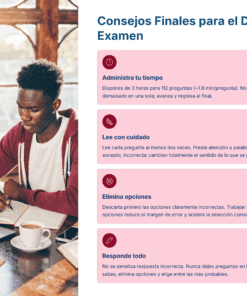 Un joven sentado en un escritorio con un ordenador portátil, un cuaderno y un bolígrafo, parece concentrado mientras estudia. A la derecha aparece un texto con consejos para el día del examen sobre cómo gestionar el tiempo, leer con atención, eliminar opciones y responder a todas las preguntas.