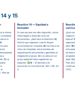 Captura de pantalla de una tabla con tres columnas, cada una de las cuales describe diferentes elementos de evaluación educativa: Reactivo 13 sobre evaluación formativa, Reactivo 14 sobre equidad e inclusión, y Reactivo 15 sobre articulación curricular.