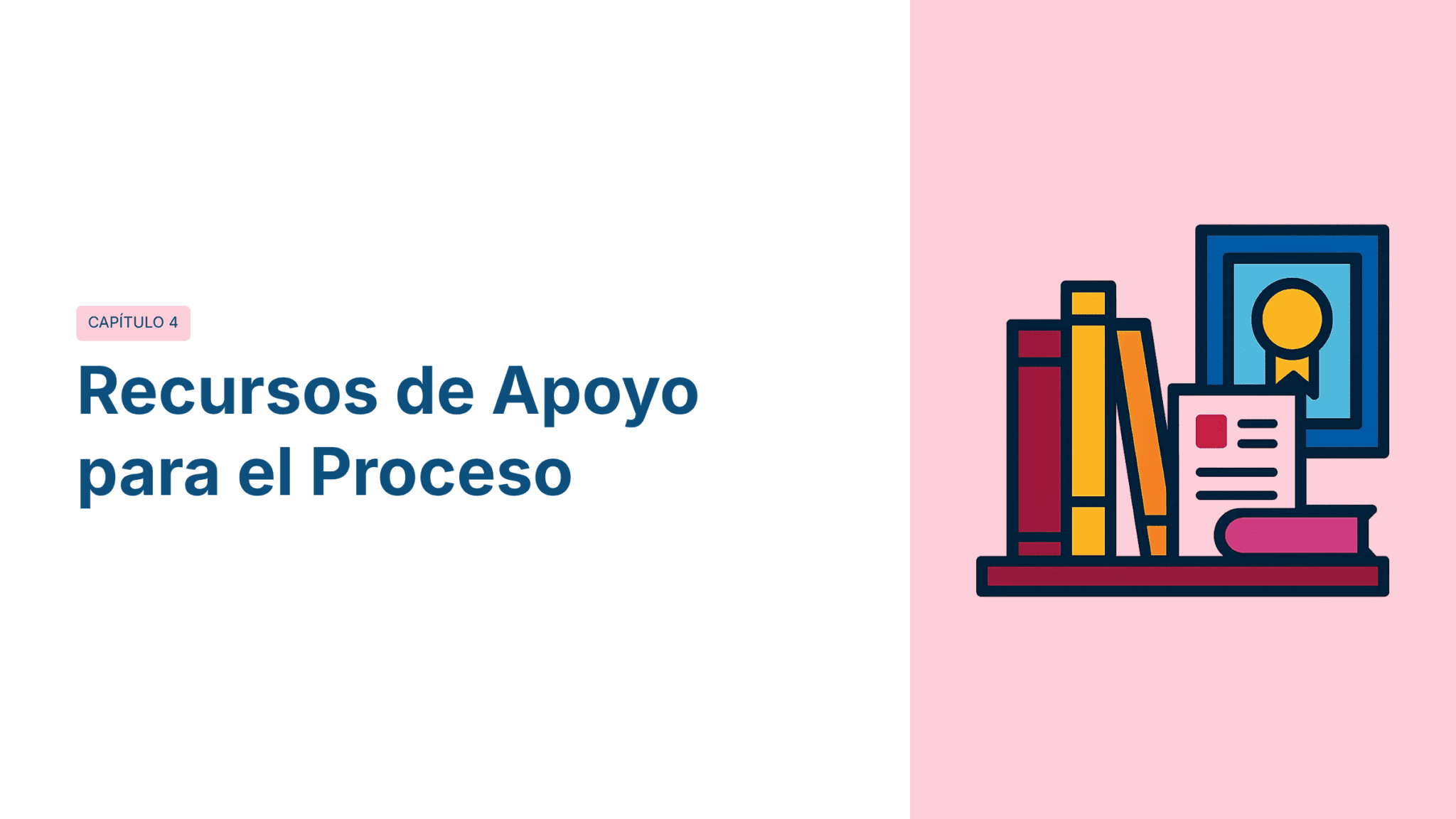 Paquete Promoción a DIRECTOR ESCOLAR – Educación Media Superior (Carta de Exposición de Motivos + Plan de Mejora Continua + Guía EMS) EMS BACHILLERATO 2026–2027 21 El texto dice "Capítulo 4: Recursos de Apoyo para el Proceso". A la derecha, una ilustración muestra libros, papeles y un certificado enmarcado sobre fondo rosa.