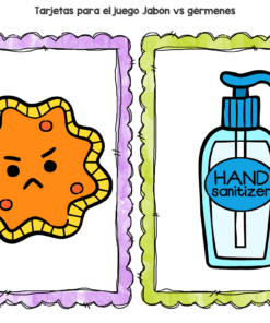 Una caricatura de un desinfectante de manos y un dispensador de jabón.