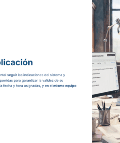 Guía de Apoyo Promoción Vertical Función Directiva en Educación Preescolar - USICAMM 2026 - 2027 + (Simulador 90 Reactivos) 21 Un hombre con gafas y jersey amarillo está sentado en un escritorio desordenado mirando la pantalla de un ordenador. A la izquierda, un texto en español explica las instrucciones para