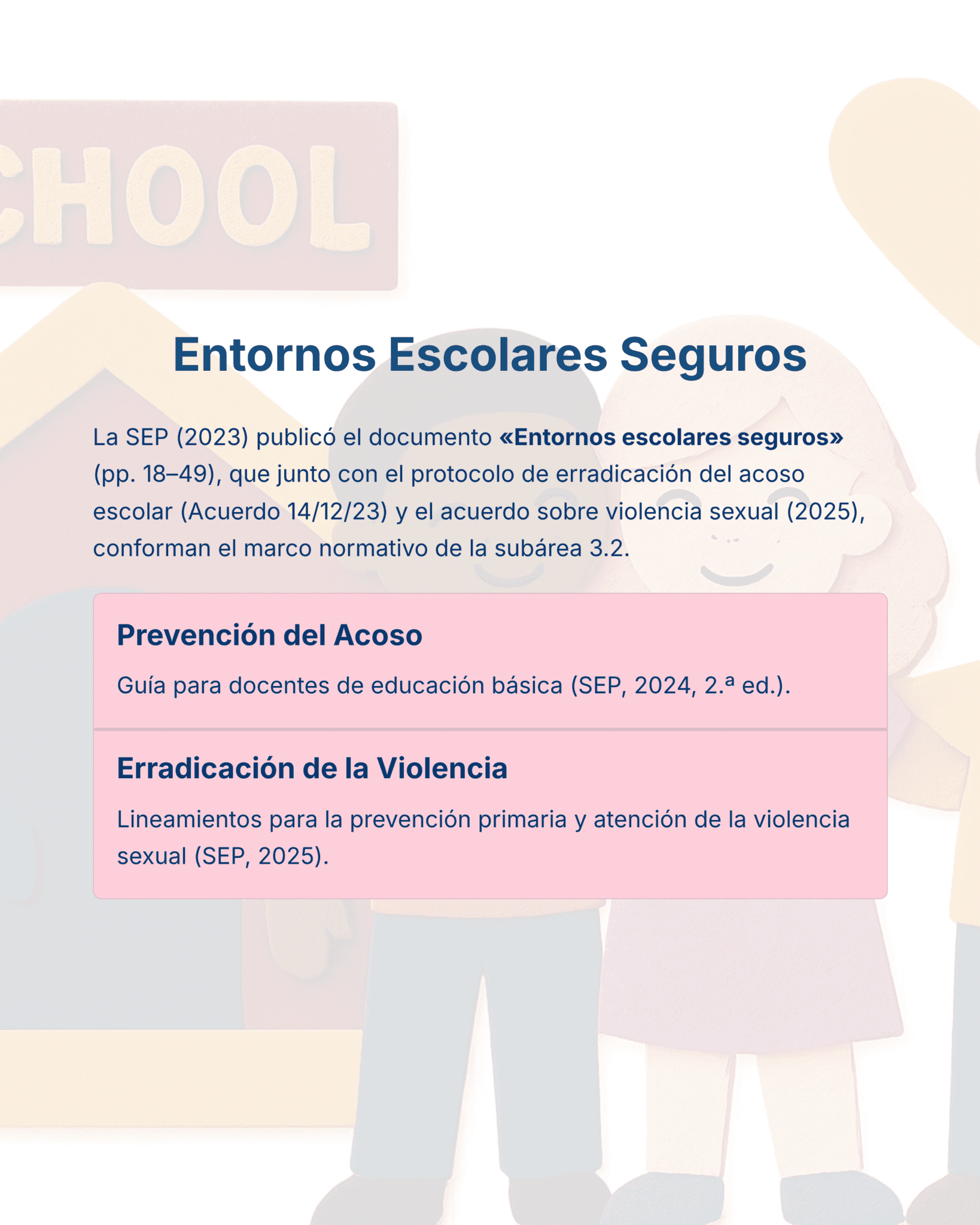 Guía de Estudio HORAS ADICIONALES EDUCACIÓN FÍSICA Primaria y Secundaria- USICAMM 2026 - 2027 + (Simulador 90 Reactivos) 17 Un cartel informativo titulado "Entornos Escolares Seguros" enumera documentos de la SEP sobre prevención del acoso y la violencia escolar, con dos secciones destacadas sobre prevención del acoso y erradicación de la violencia. El fondo muestra figuras de caricatura.