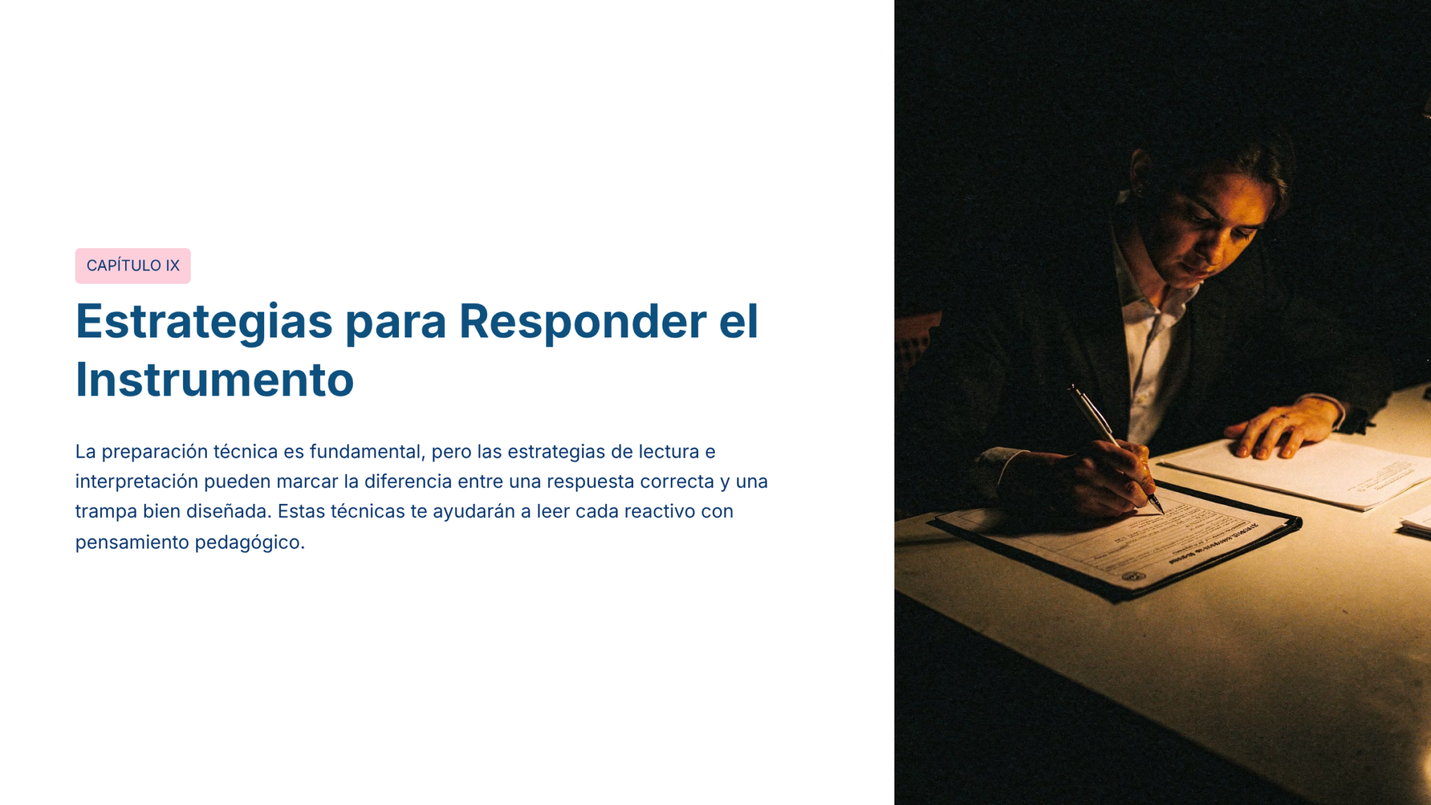 Guía de Estudio PROMOCIÓN HORIZONTAL SUPERVISIÓN – USICAMM 2026 – 2027 + (Simulador 90 Reactivos) 11 Una persona se sienta en un escritorio con luz tenue, leyendo y escribiendo en unos papeles. A la izquierda, un texto en español introduce el capítulo 9, "Estrategias para responder al instrumento", sobre estrategias para leer y responder a las evaluaciones.