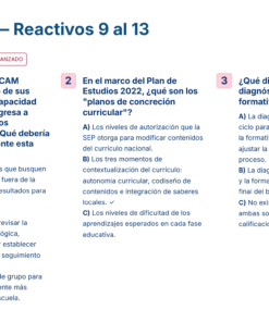 Simulador para reactivos 9 a 13 con preguntas de opción múltiple sobre educación y apoyos para alumnos con discapacidad, currículo escolar y evaluación diagnóstica. Hay cuatro recuadros con preguntas y opciones de respuesta.