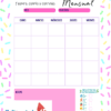 Colorida agenda mensual en español con borde en tonos pastel, secciones para el mes y el objetivo, una cuadrícula de lunes a viernes, un buzón de notas rosa, el logotipo de Editorial MD y una lista de autocuidado en la parte inferior derecha.