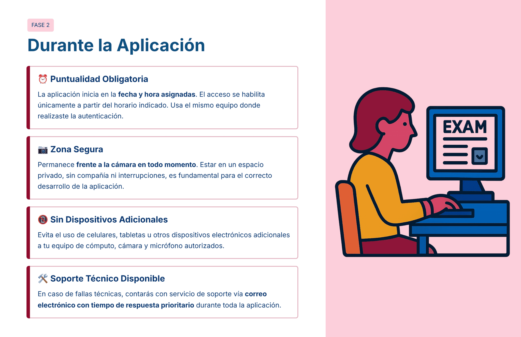 Guía de Estudio HORAS ADICIONALES MATEMÁTICAS Educación Secundaria- USICAMM 2026 - 2027 + (Simulador 90 Reactivos) 15 Ilustración de una persona sentada en un escritorio utilizando un ordenador de sobremesa con la palabra "EXAM" en la pantalla. Junto a la imagen hay instrucciones en español sobre los protocolos de aplicación durante un examen.