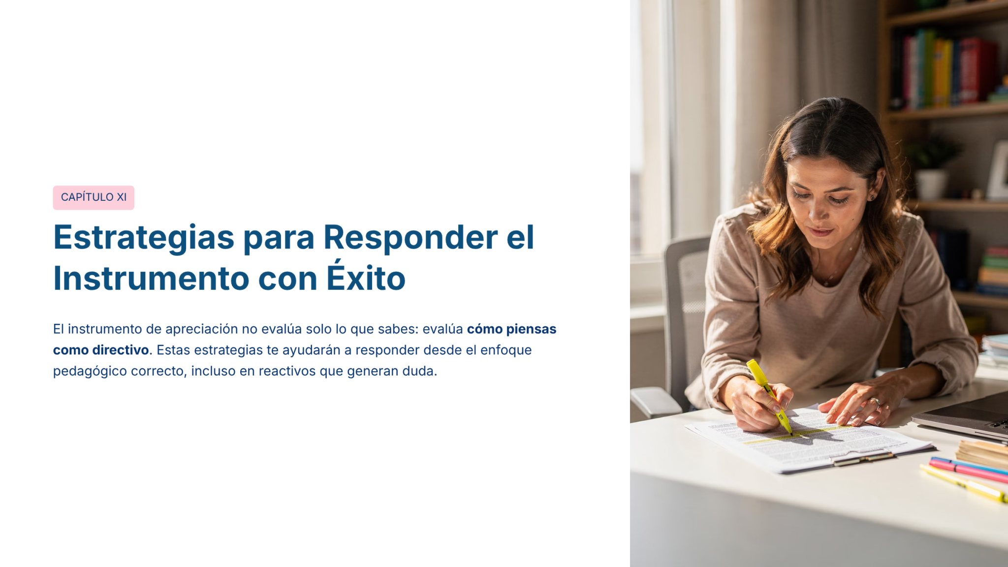 Guía de Estudio PROMOCIÓN HORIZONTAL Educación SECUNDARIA – USICAMM 2026 – 2027 + (Simulador 90 Reactivos) 11 Una mujer sentada ante un escritorio, escribe en unos papeles con un bolígrafo, rodeada de un cuaderno, una tableta y la luz del sol que entra por una ventana. Al fondo se ve una estantería. A la izquierda aparece un texto en español.