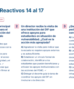 Simulador de reactivos 14 al 17. Tres recuadros: el primero sobre la finalidad del protocolo de acoso escolar, el segundo sobre la visita del DIF a estudiantes con vulnerabilidad, y el tercero sobre liderazgo pedagógico del director.