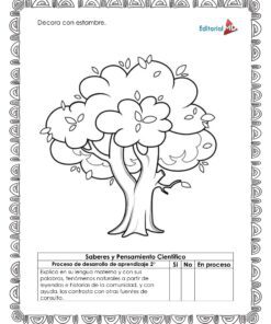 Ilustración en blanco y negro de un árbol con un borde decorativo del 